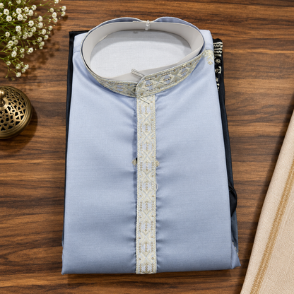 Midnight Navy & Powder Blue Embroidered Men’s Kurta – Premium Festive Wear