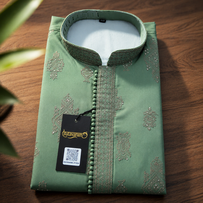 Sage Green Embroidered Festive Kurta with Sequin Detailing