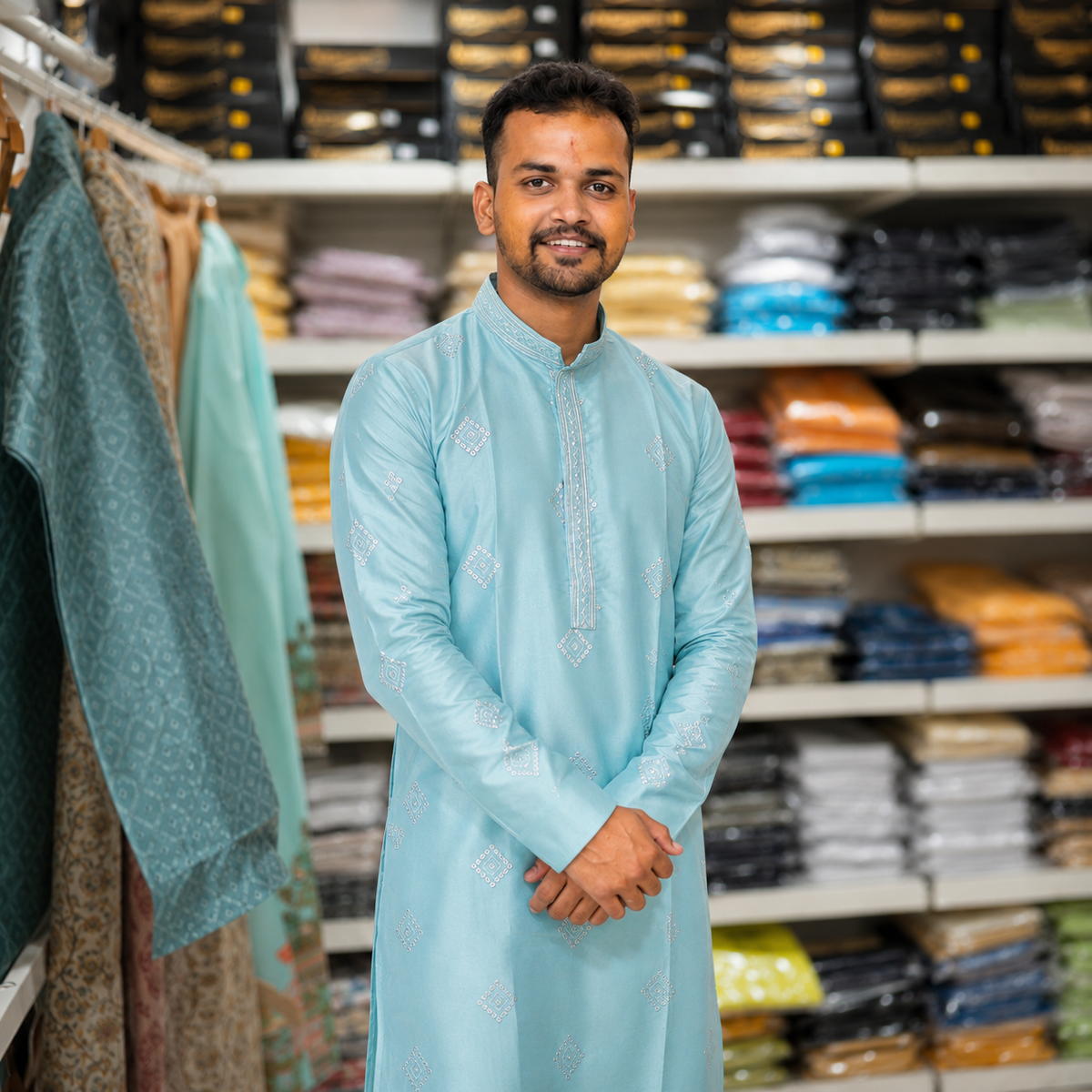 Ice Blue Embroidered Kurta with Sequin Detailing for Men