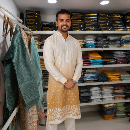 Ivory & Antique Gold Ombre Kurta with Mirror Embroidery
