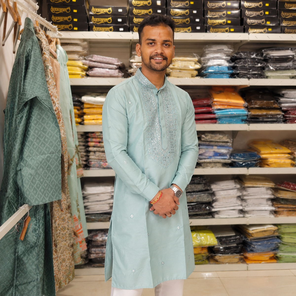 Powder Blue Embellished Kurta with Sequin & Beadwork for Men