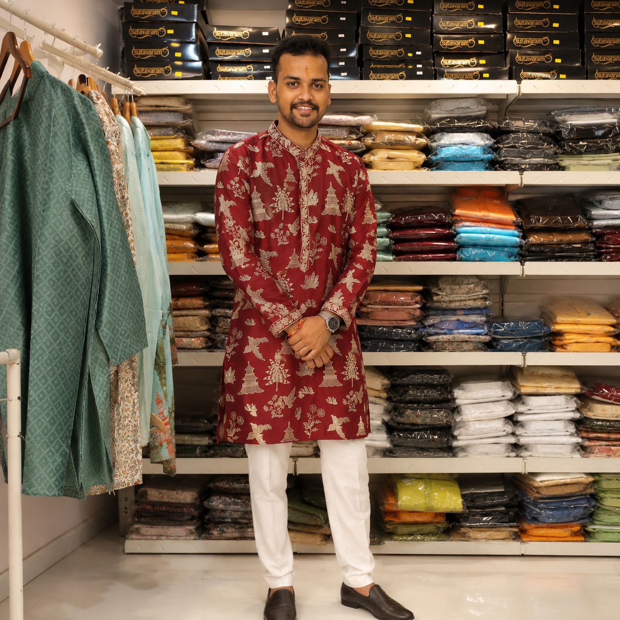 Royal Maroon & Gold Men’s Kurta – Heritage Bird & Botanical Motif