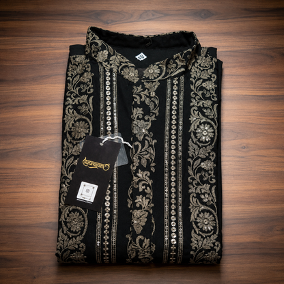 Black & Silver Heritage Print Men’s Kurta