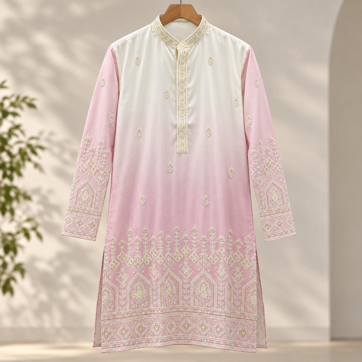 Blush Pink & Ivory Royal Embroidered Men’s Kurta – Premium Festive Wear