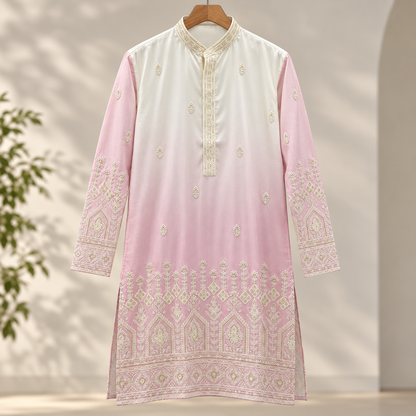 Blush Pink & Ivory Royal Embroidered Men’s Kurta – Premium Festive Wear