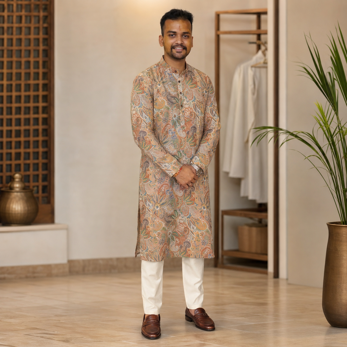 Sand Beige Multicolor Paisley Print Kurta