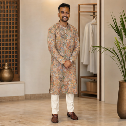Sand Beige Multicolor Paisley Print Kurta