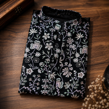 Midnight Black Floral Embroidered Men’s Kurta – Pastel Threadwork