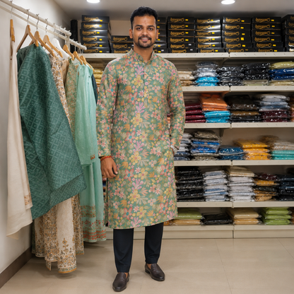 Sage Green Floral Kurta with Sequin Detailing