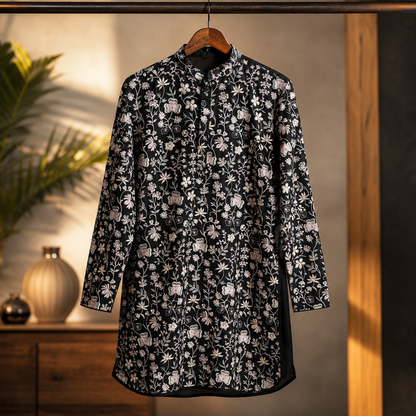 Midnight Black Floral Embroidered Men’s Kurta – Pastel Threadwork