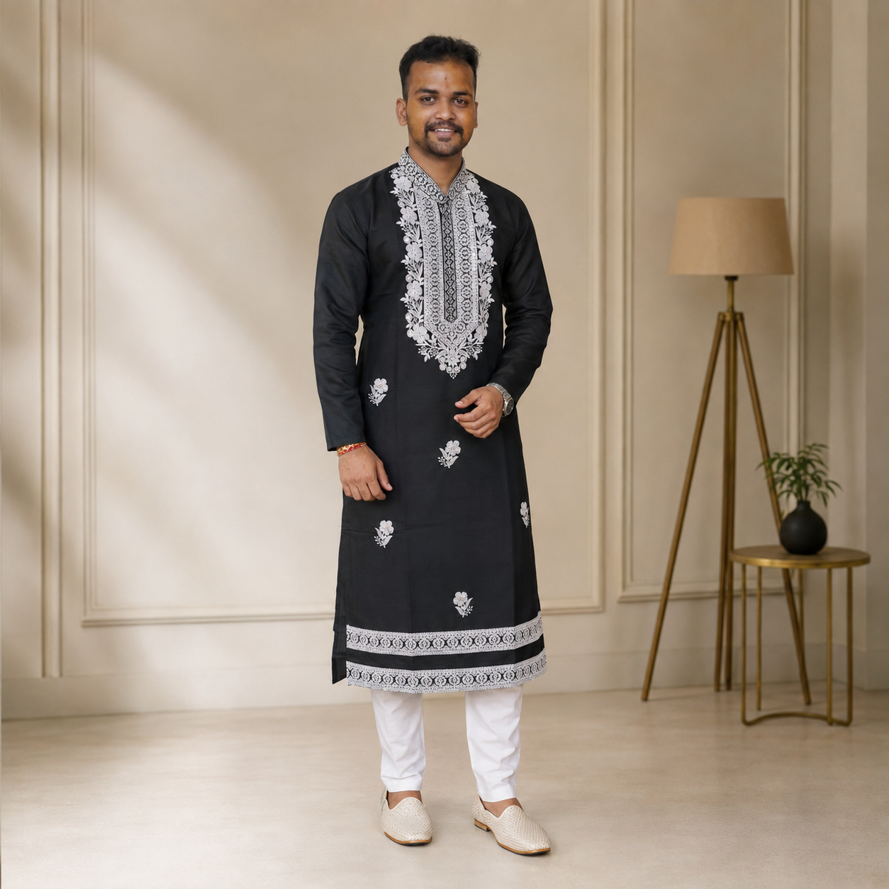 Midnight Black Ivory Floral Embroidered Kurta