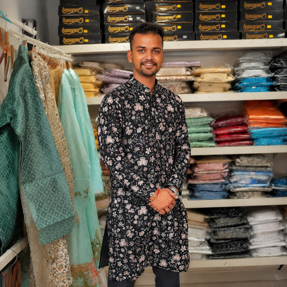 Midnight Black Floral Embroidered Men’s Kurta – Pastel Threadwork