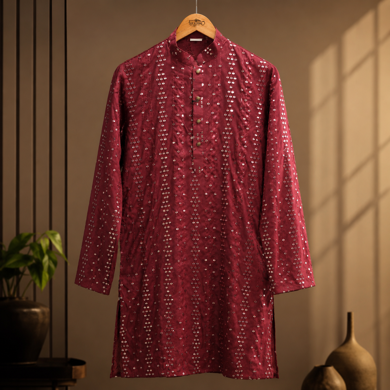 Royal Maroon Sequin Embellished Festive Kurta for Men