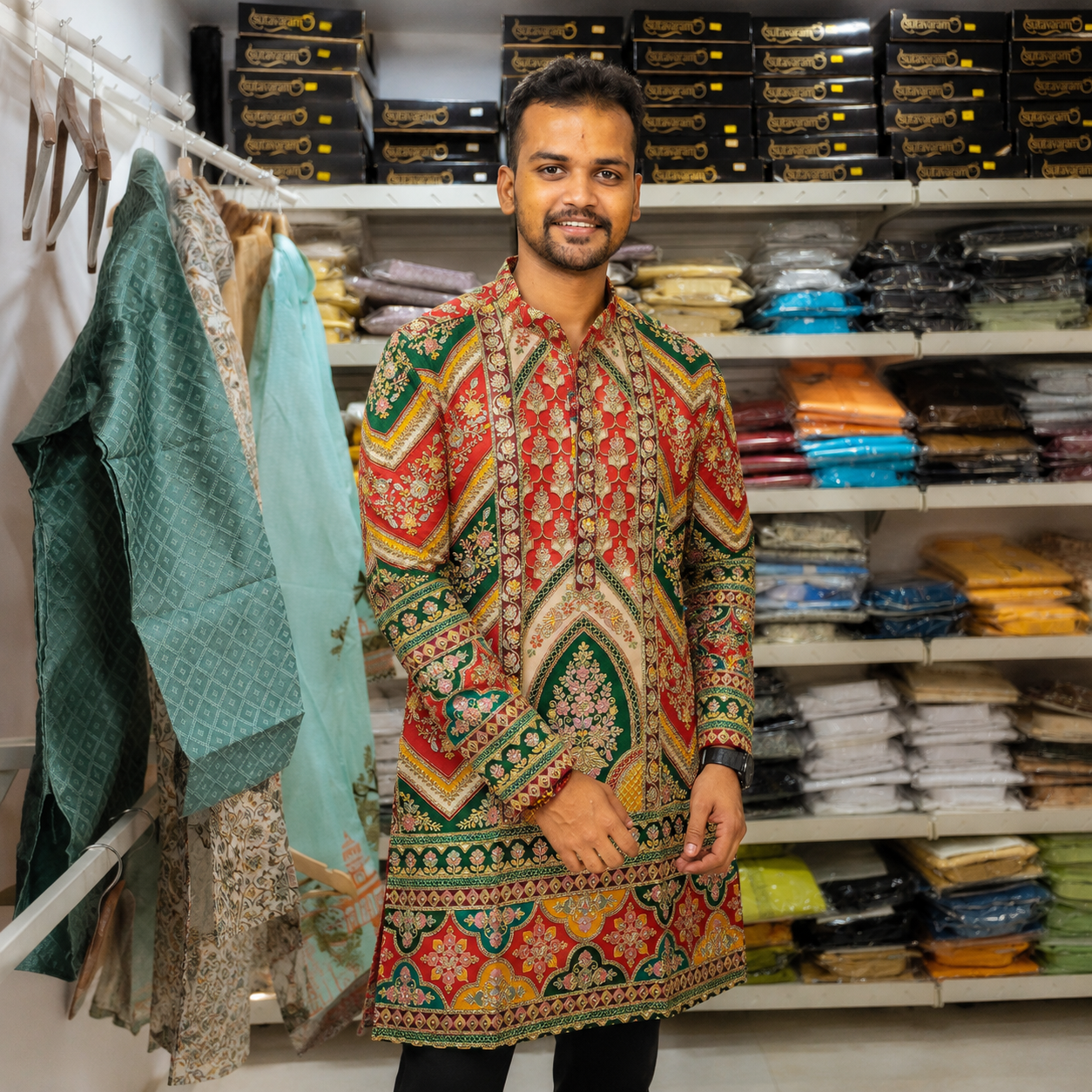 Royal Red & Emerald Heritage Print Men’s Kurta