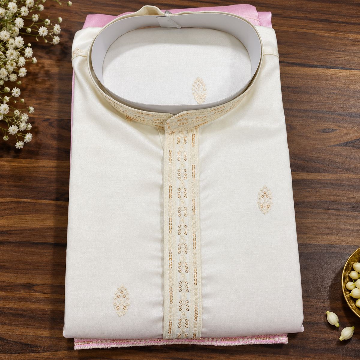 Blush Pink & Ivory Royal Embroidered Men’s Kurta – Premium Festive Wear