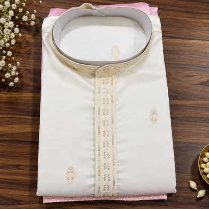 Blush Pink & Ivory Royal Embroidered Men’s Kurta – Premium Festive Wear