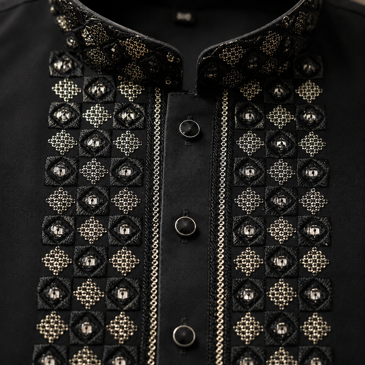 Midnight Royale Black Kurta with Intricate Metallic Embellishment