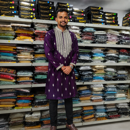 Royal Plum Kurta with Intricate White Embroidery for Men