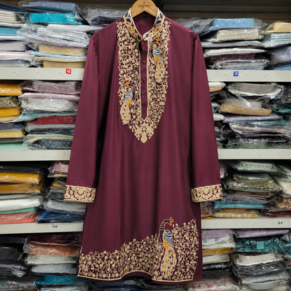 Royal Wine Peacock Embroidered Kurta for Men