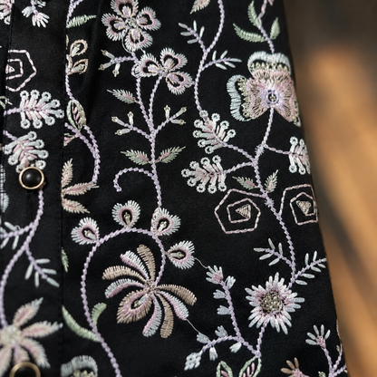 Midnight Black Floral Embroidered Men’s Kurta – Pastel Threadwork