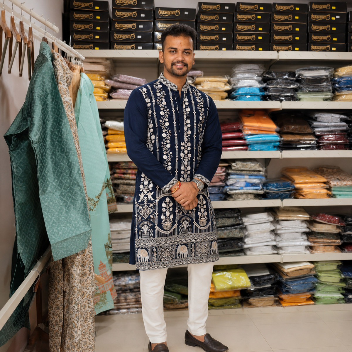 Royal Navy Blue Embroidered Men’s Kurta – Ivory Floral