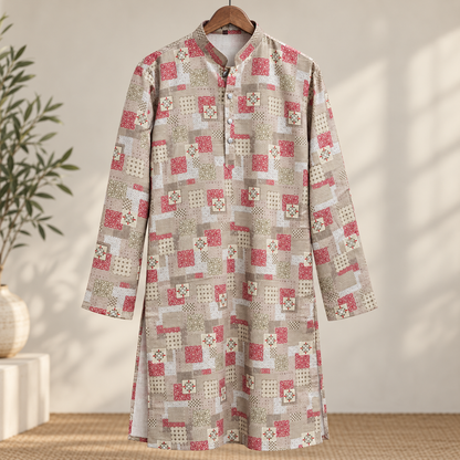 Heritage Mosaic Beige & Red Printed Men’s Kurta – Contemporary Ethnic Wear