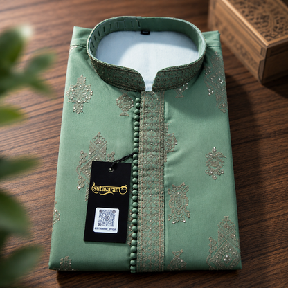 Sage Green Embroidered Festive Kurta with Sequin Detailing