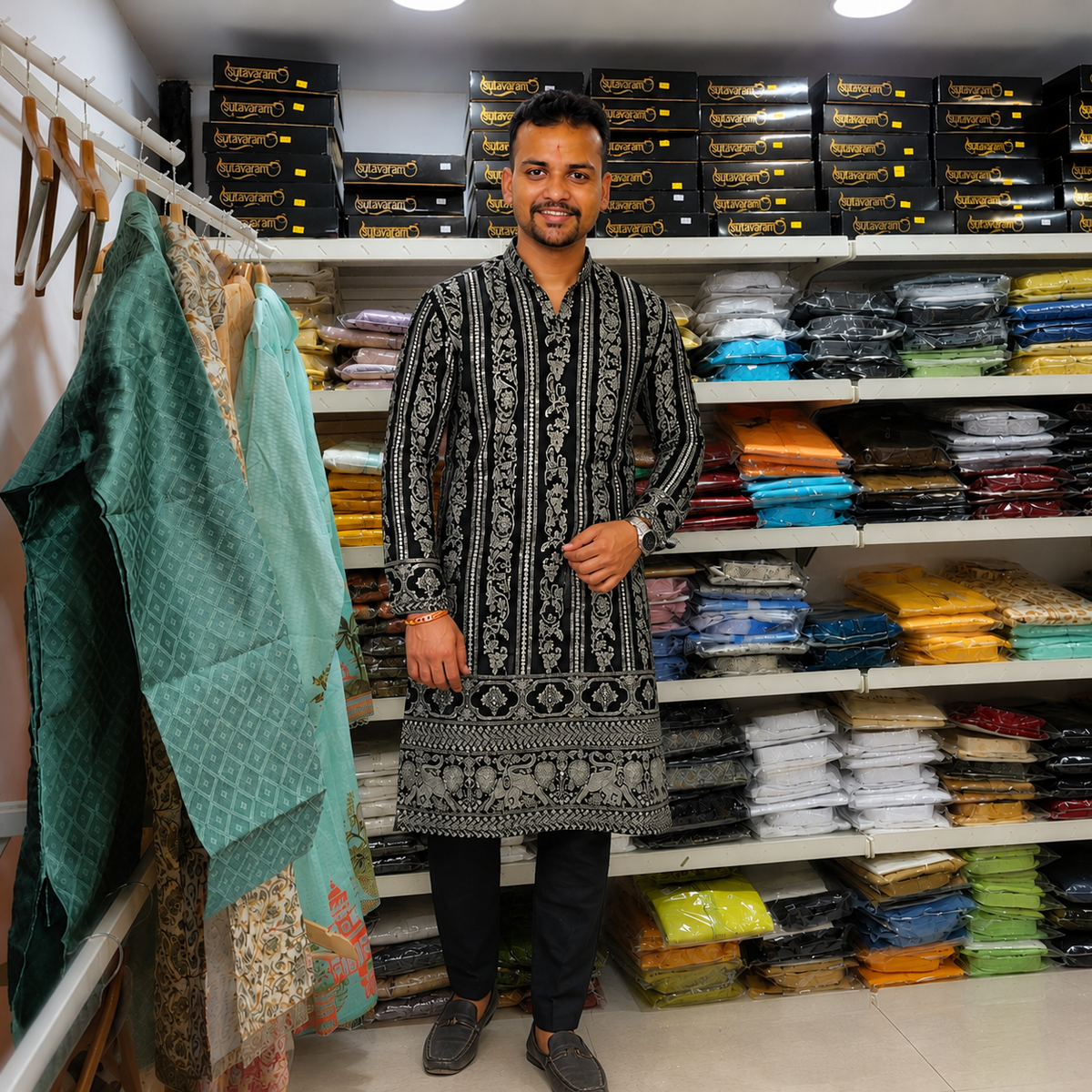 Black & Silver Heritage Print Men’s Kurta