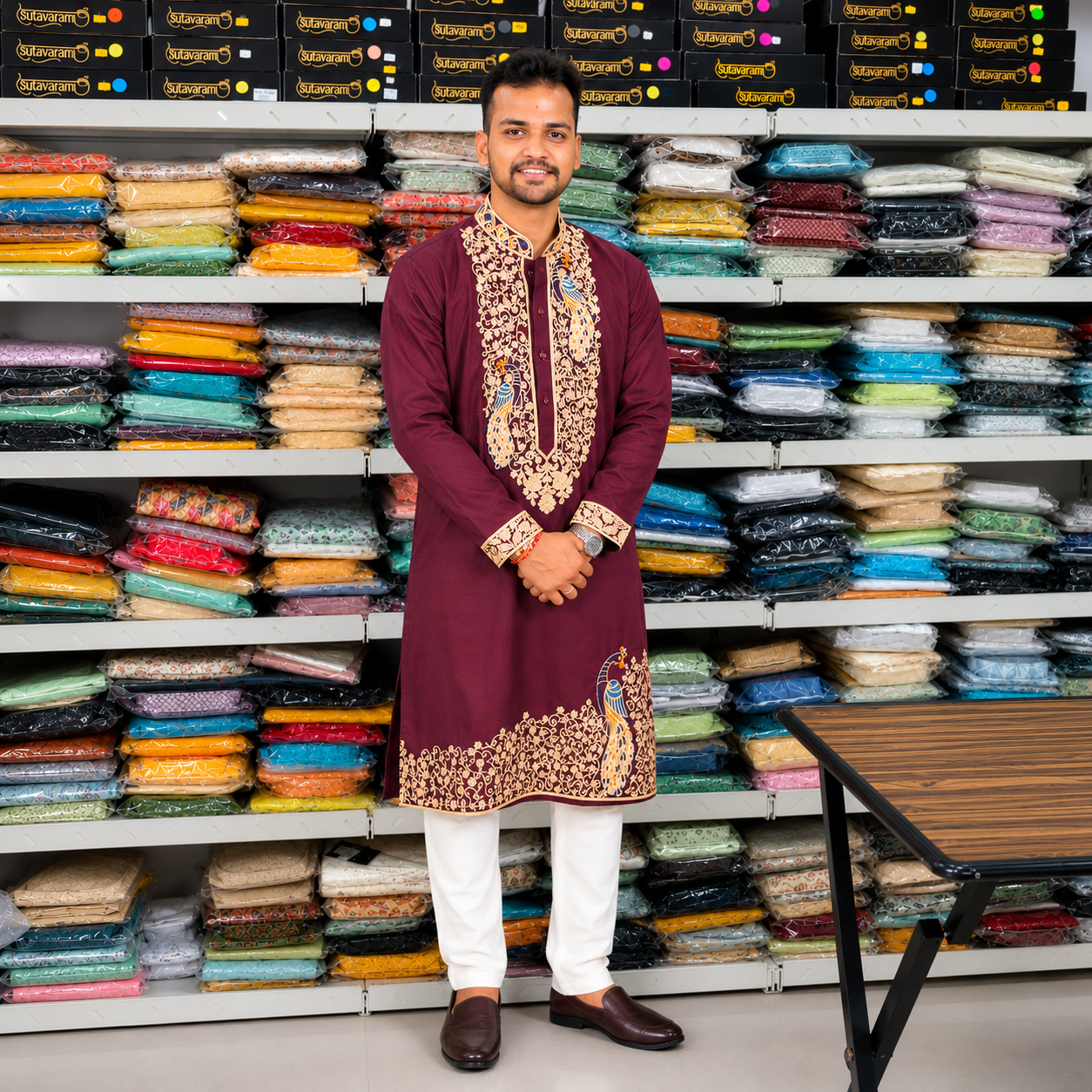 Royal Wine Peacock Embroidered Kurta for Men