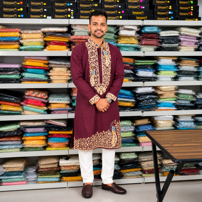 Royal Wine Peacock Embroidered Kurta for Men