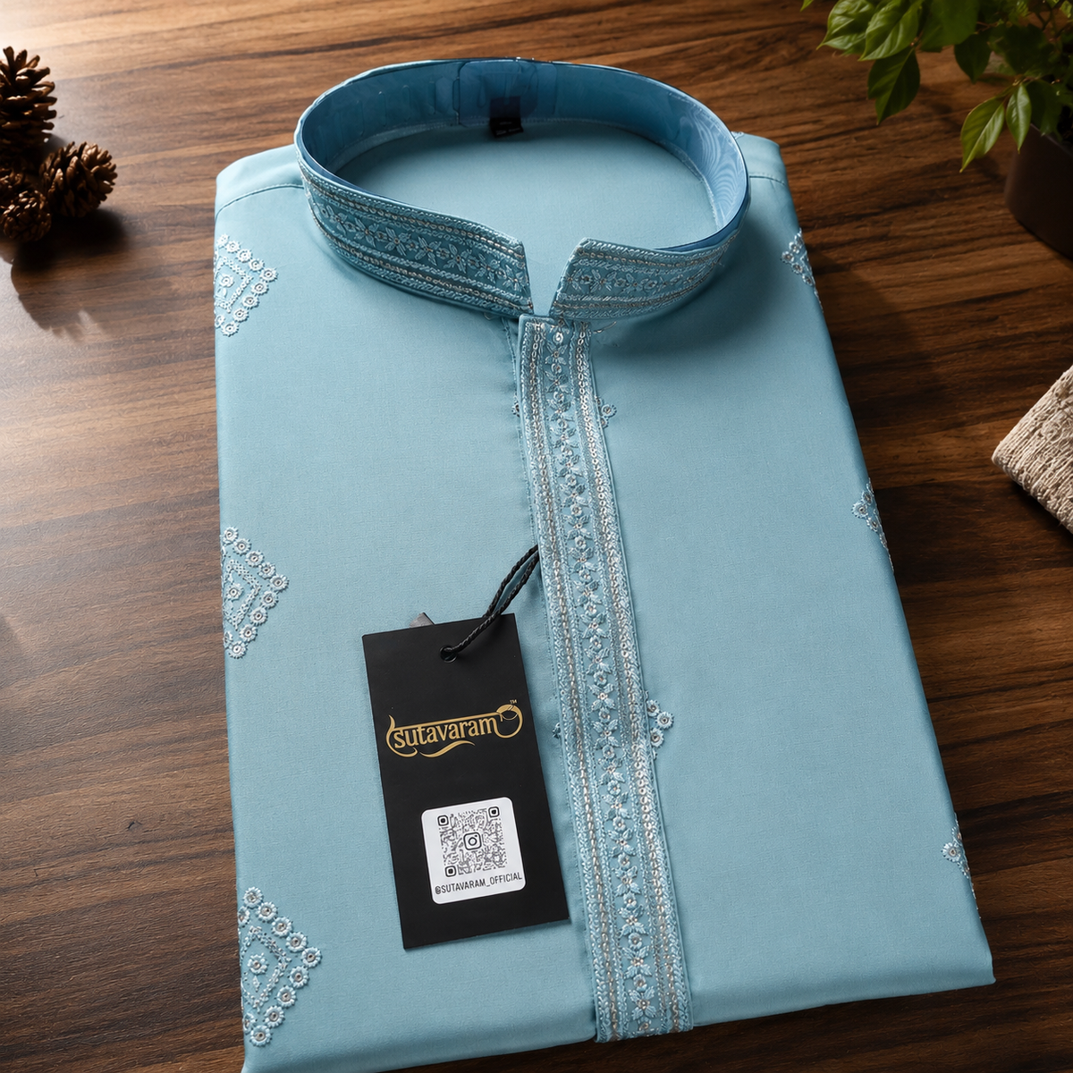 Ice Blue Embroidered Kurta with Sequin Detailing for Men