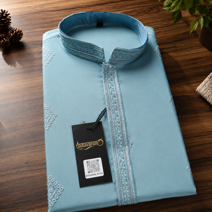 Ice Blue Embroidered Kurta with Sequin Detailing for Men