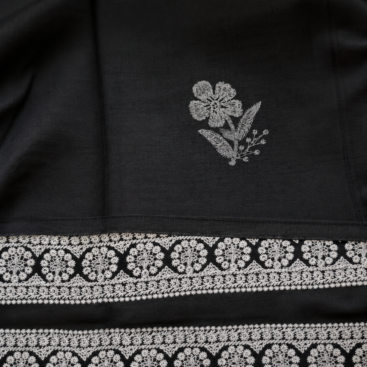 Midnight Black Ivory Floral Embroidered Kurta