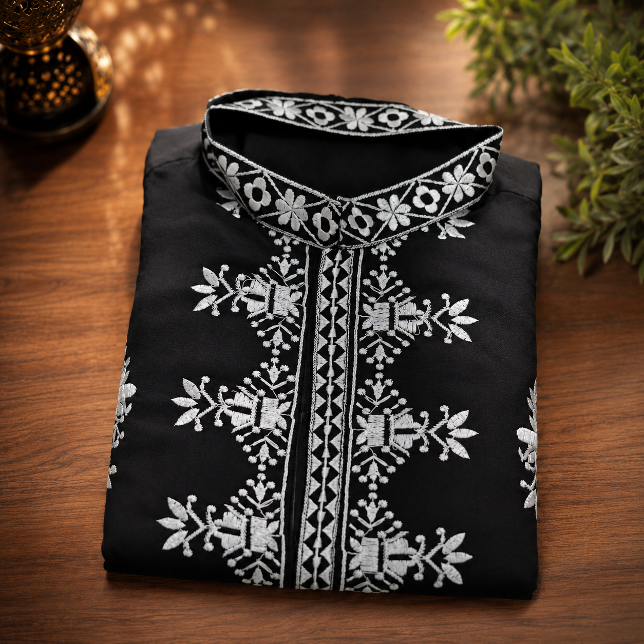 Black &amp; White Embroidered Men’s Kurta