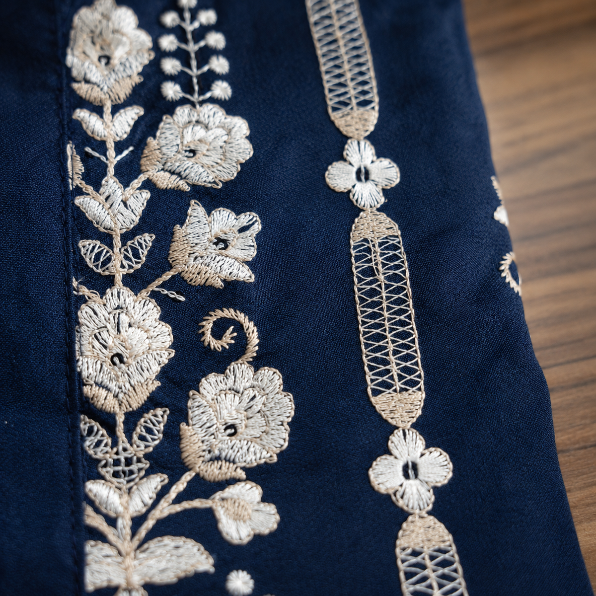 Royal Navy Blue Embroidered Men’s Kurta – Ivory Floral