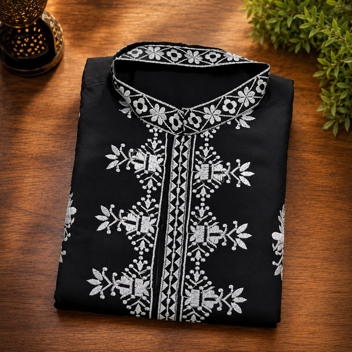 Black &amp; White Embroidered Men’s Kurta