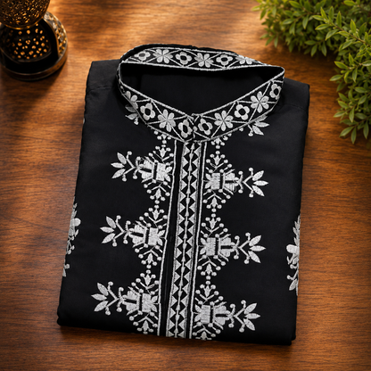 Black &amp; White Embroidered Men’s Kurta