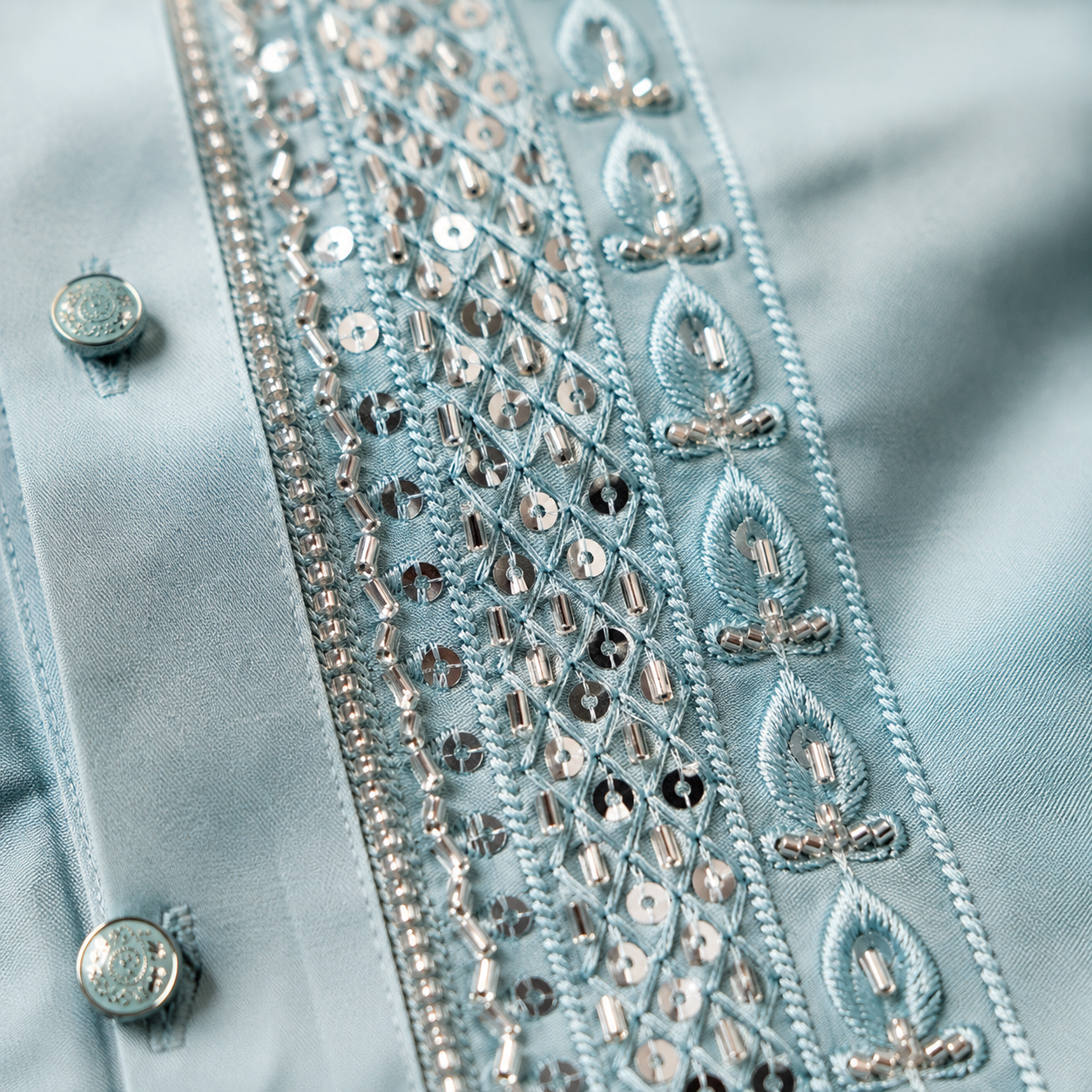 Powder Blue Embellished Kurta with Sequin & Beadwork for Men