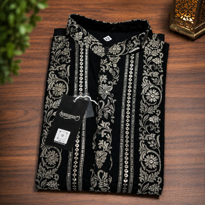 Black & Silver Heritage Print Men’s Kurta