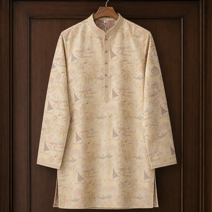 Ivory Coastal Jacquard Kurta with Heritage Motifs