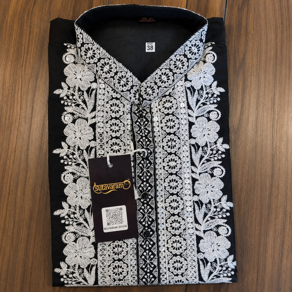 Midnight Black Ivory Floral Embroidered Kurta