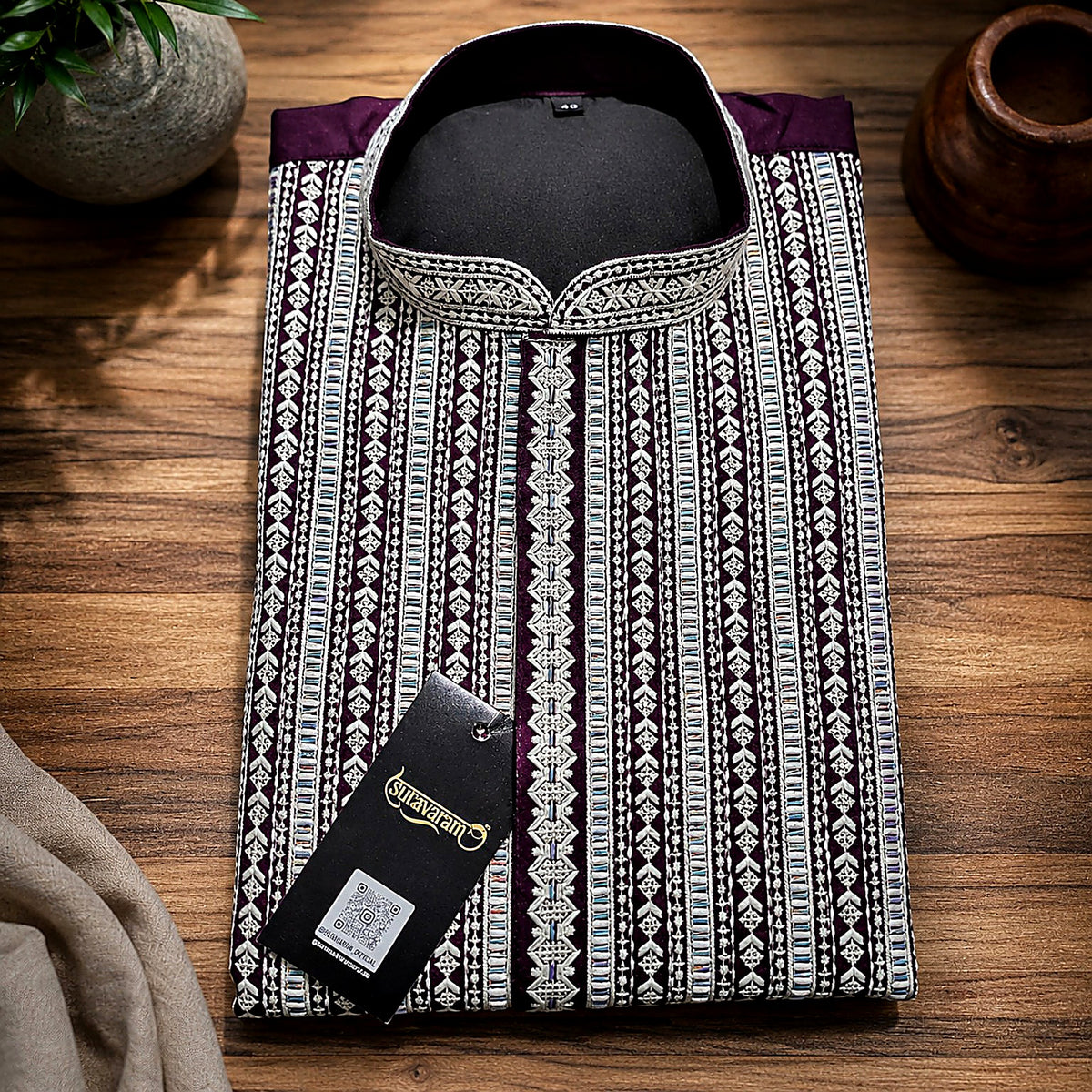 Royal Plum Kurta with Intricate White Embroidery for Men