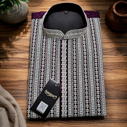Royal Plum Kurta with Intricate White Embroidery for Men