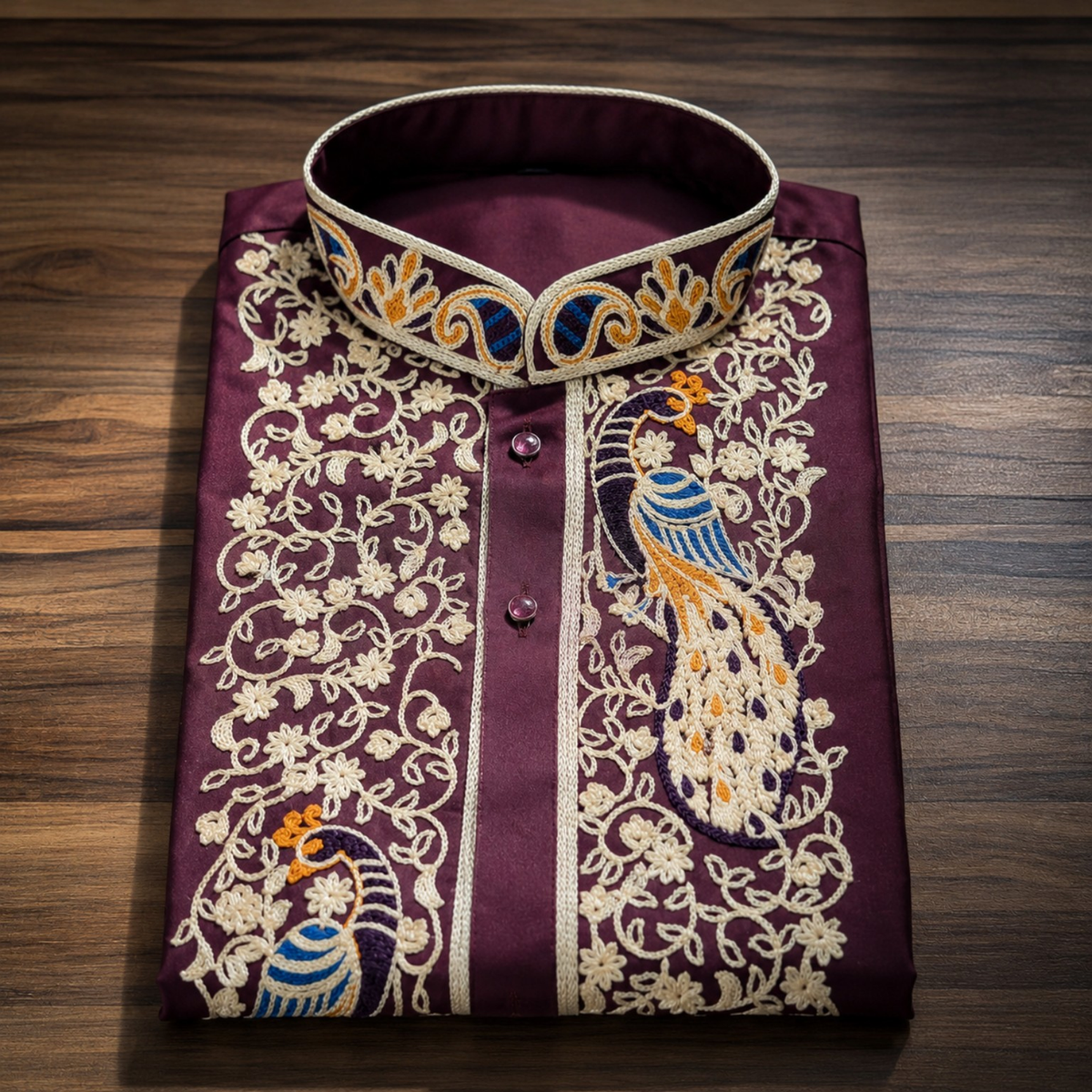 Royal Wine Peacock Embroidered Kurta for Men