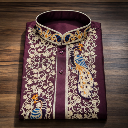 Royal Wine Peacock Embroidered Kurta for Men